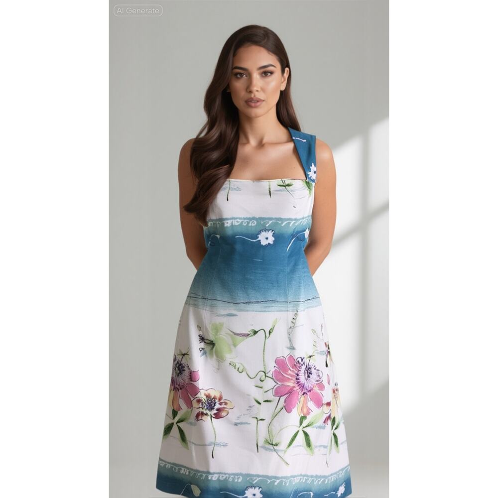 Finley sleeveless knee-length dress floral print, Sz 6 white blue, pink EUC
